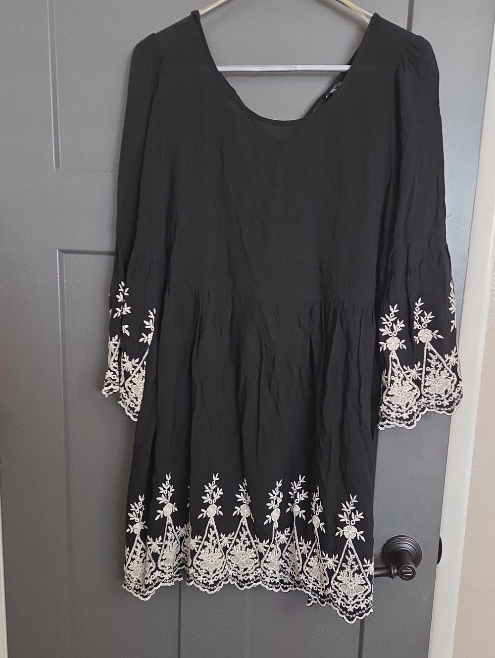 Black Embroidered Boho Dress with White Floral Trim